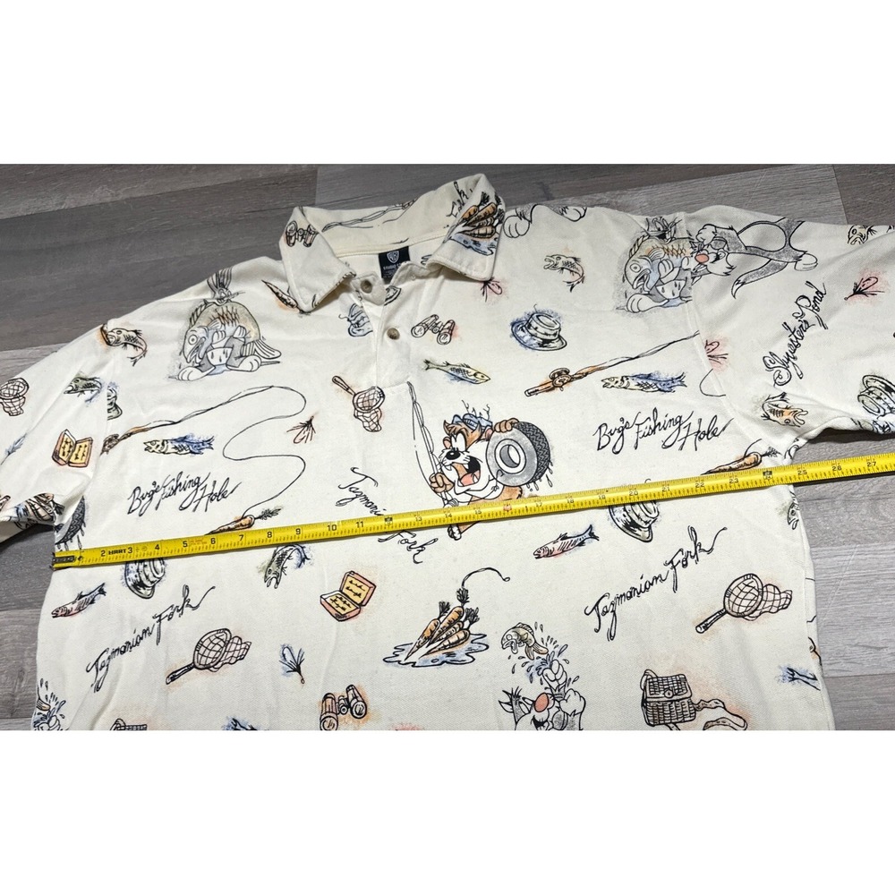 Warner Bros Men's Beige Polo Shirt Sz XL Taz Tazmanian Bugs Bunny All over Print - Picture 4 of 6